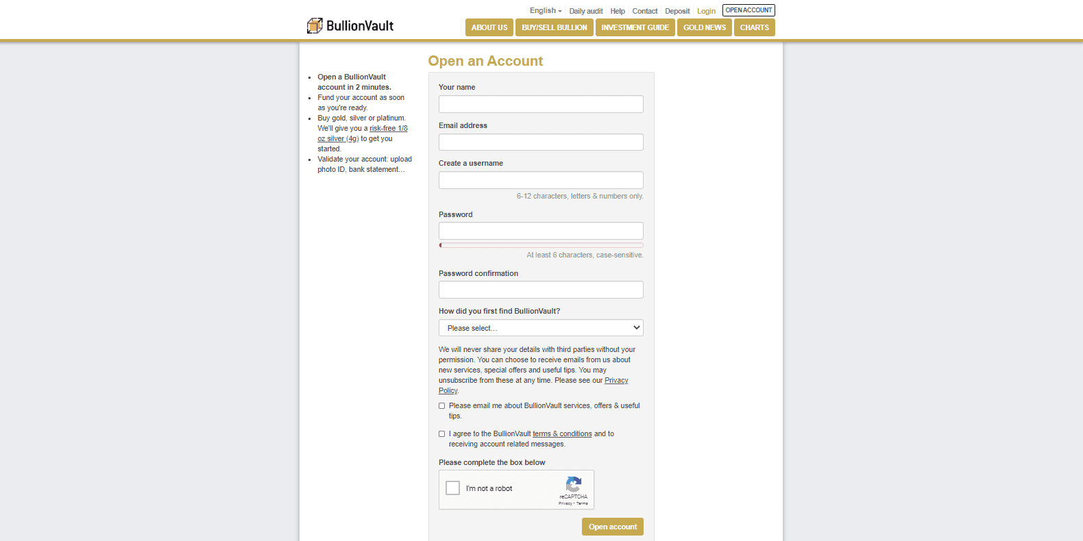 BullionVault Review account opening procedure